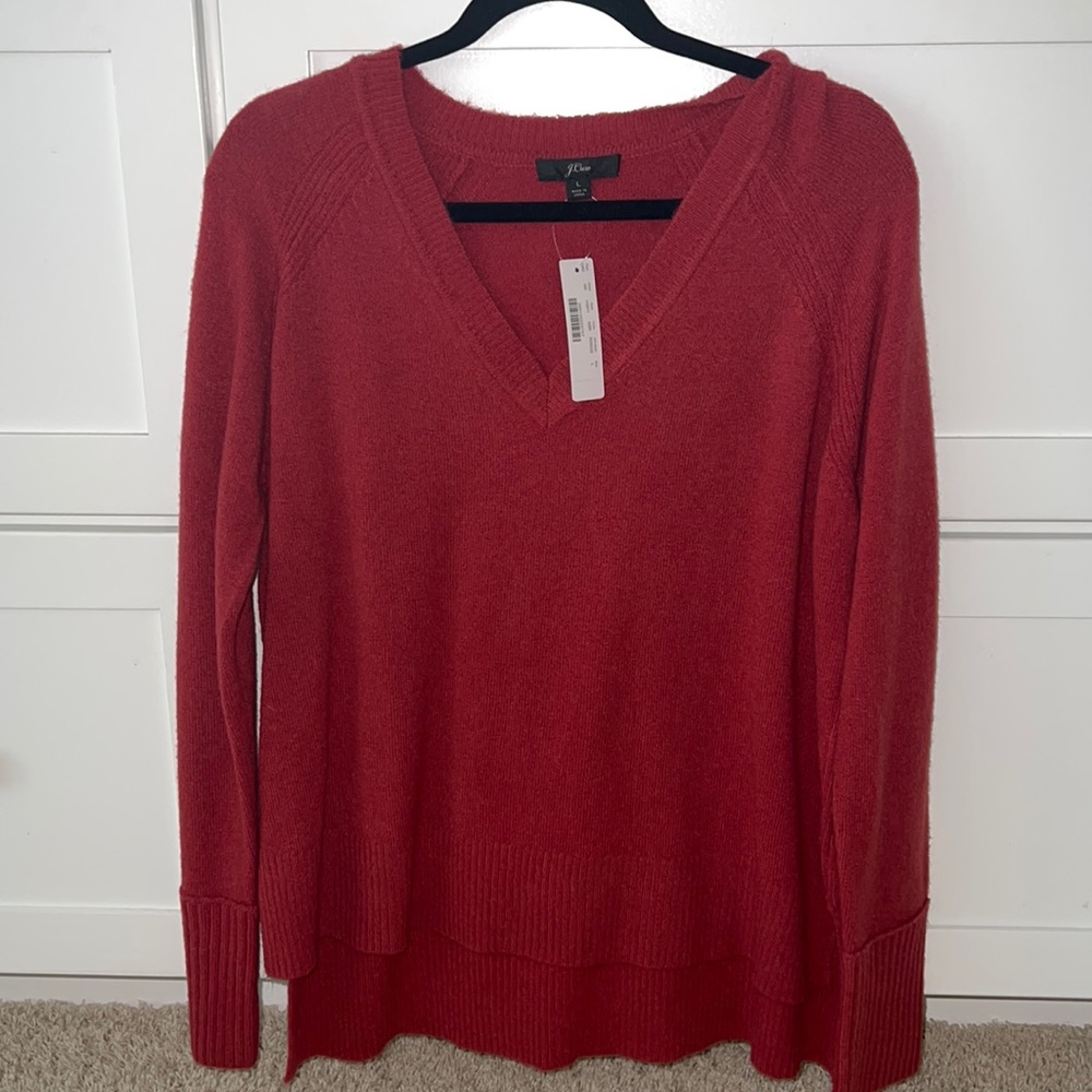 JCrew v-neck sweater.  Great fall/holiday color.  Longer in back than the front.